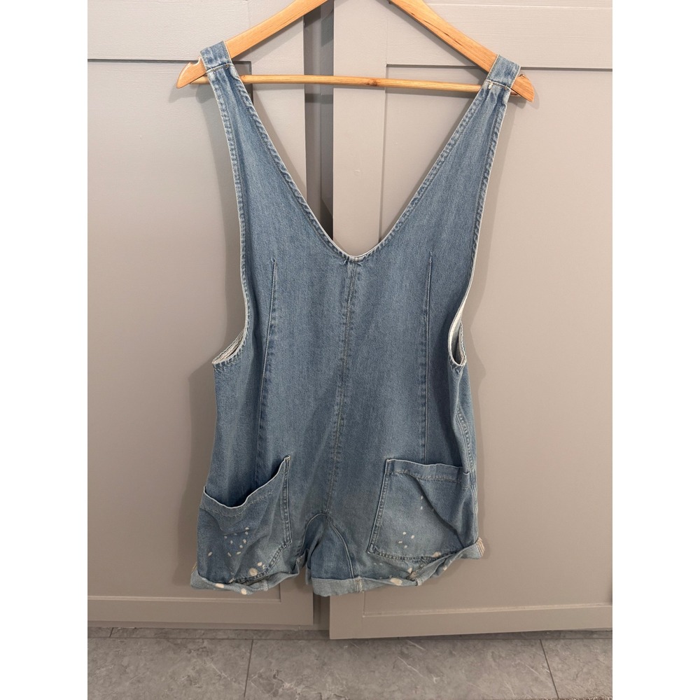 We The Free Free People Women Blue Denim V  Shortalls Overall Paint Splatter